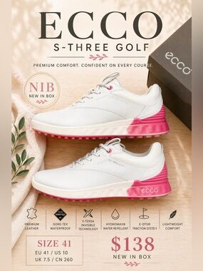 ECCO S-Three Golf Shoes White Pink Sole EU 41 US 10 NIB Waterproof